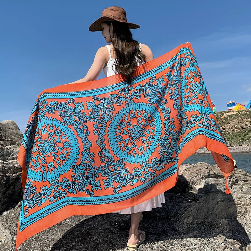 Design Brand Women Scarf Sunscreen Cotton Shawls Dual-Use Summer Autumn Long Scarves Seaside Holiday Beach Towel Beachwear Veils