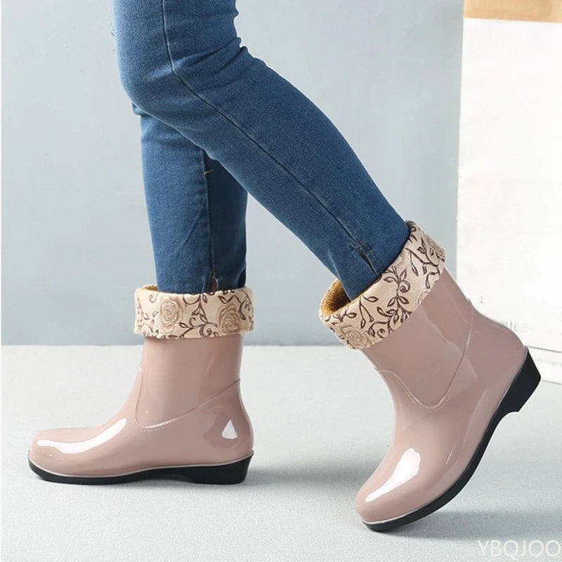2025 Four Season Fashionable Fleece Warm Midsole Women's Rain Boots Waterproof Anti Slip Wear-resistant Women's Work Rain Boots