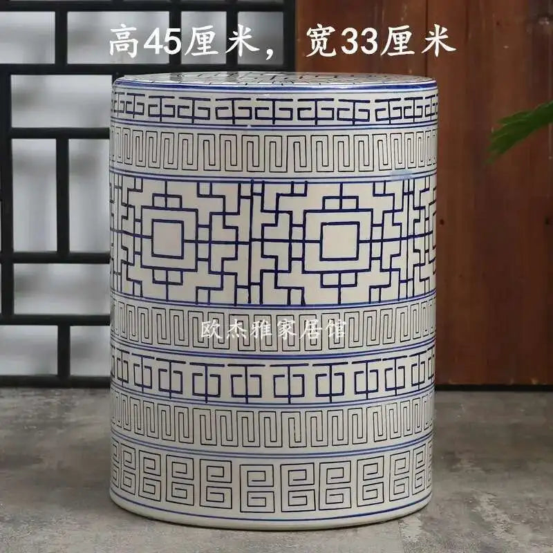 Hand Drawn Blue and White Porcelain Shoe Changing Stool Ceramic Drum Bathroom Neoclassical Imitation Sitting Stool Low Round