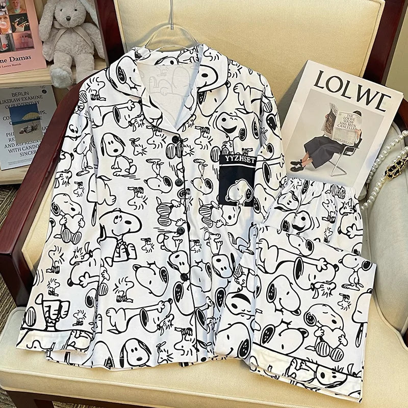 Snoopy Cartoon Spring Autumn Pajamas Long Sleeve Pants Summer Milk Silk Warm Home Clothes sleepwear Men's Women's Nightgown Gift