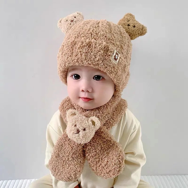 Baby Hats Winter Kids Beanie Hat Plush Scarf Warm Ear Protection Caps Windproof Knitted Earflaps Hat Chlidren Baby Stuff