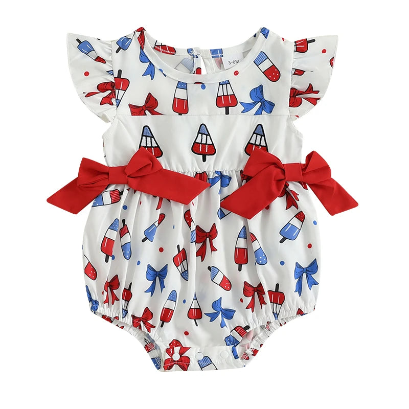 Baby Girl 4th of July Romper Flying Sleeve Round Neck Ice Cream Printed Bow Bodysuit