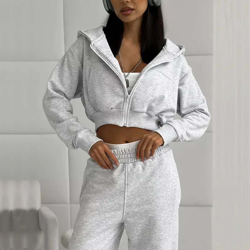 Sweatshirt Two-piece Suit Women's Casual Sports Sets Sexy High-waist Hoodies Short Zip-up Jacket Straight Trousers 2-piece Sets