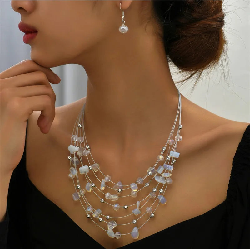 Multilayer Natural Stone Ethnic Necklace Earrings Set