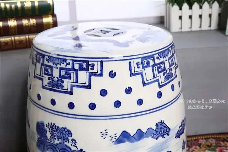 Hand Drawn Blue and White Porcelain Shoe Changing Stool Ceramic Drum Bathroom Neoclassical Imitation Sitting Stool Low Round