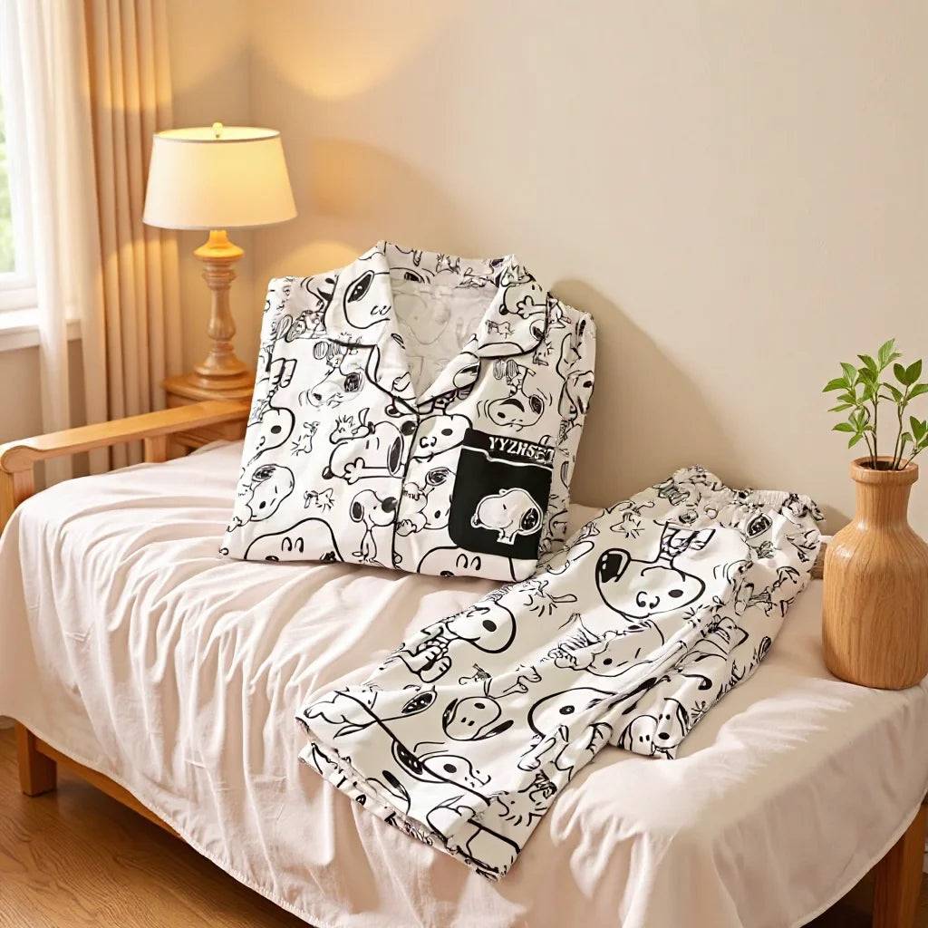 Snoopy Cartoon Spring Autumn Pajamas Long Sleeve Pants Summer Milk Silk Warm Home Clothes sleepwear Men's Women's Nightgown Gift