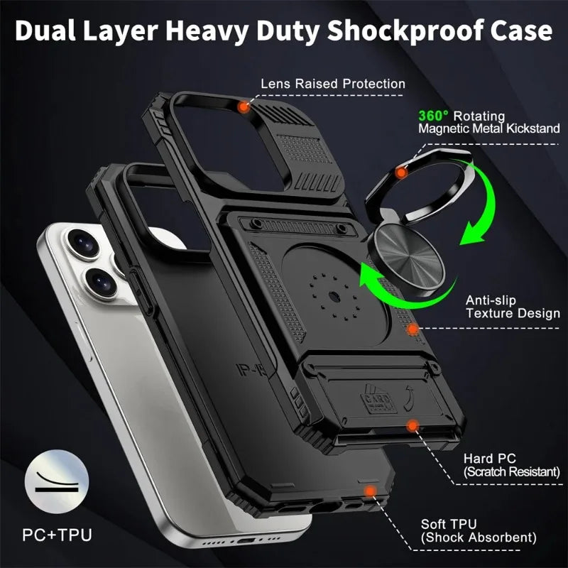 Phone Case For iPhone 16 15 14 13 12 11 Pro Max XS XR 8 7 Plus Magnetic Rotated Ring Kickstand Heavy Duty Drop Protection Wallet Cover