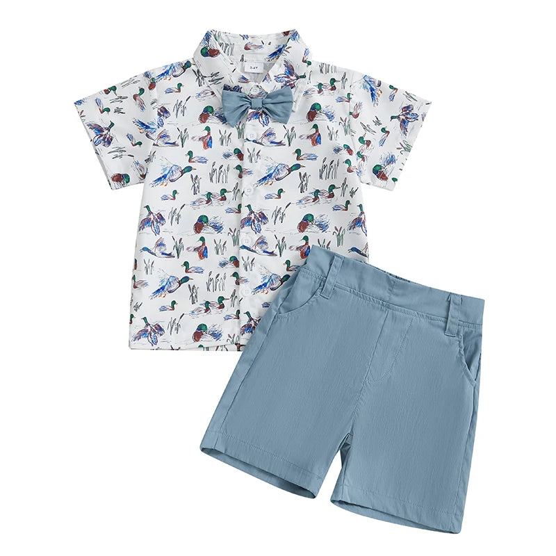 Baby Boy Dinosaur Print Short Sleeve Collared Shirt with Denim Shorts 2Pcs Set