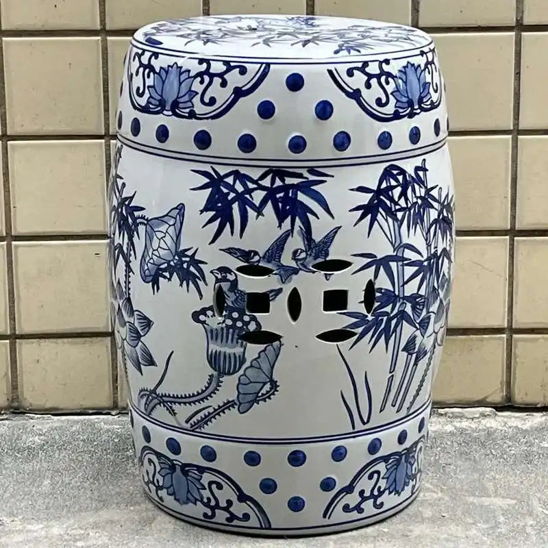Hand Drawn Blue and White Porcelain Shoe Changing Stool Ceramic Drum Bathroom Neoclassical Imitation Sitting Stool Low Round