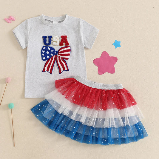 Toddler Girl 4th of July Outfit – Top & Mesh Skirt 2-Piece Set