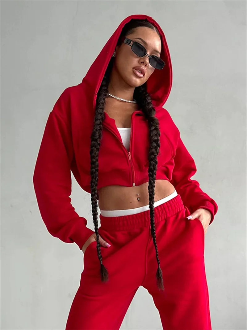 Sweatshirt Two-piece Suit Women's Casual Sports Sets Sexy High-waist Hoodies Short Zip-up Jacket Straight Trousers 2-piece Sets