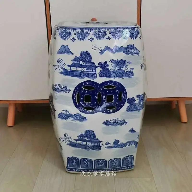 Hand Drawn Blue and White Porcelain Shoe Changing Stool Ceramic Drum Bathroom Neoclassical Imitation Sitting Stool Low Round