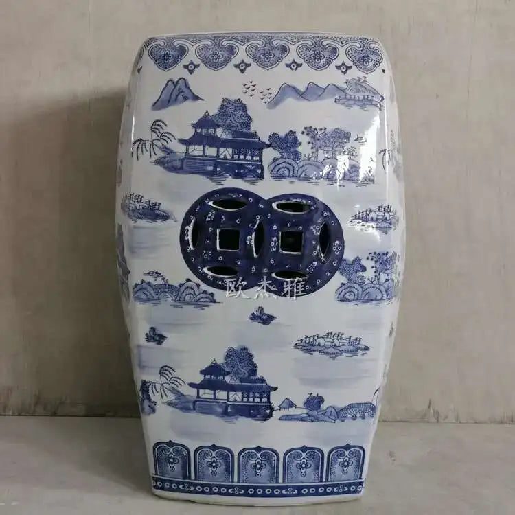 Hand Drawn Blue and White Porcelain Shoe Changing Stool Ceramic Drum Bathroom Neoclassical Imitation Sitting Stool Low Round