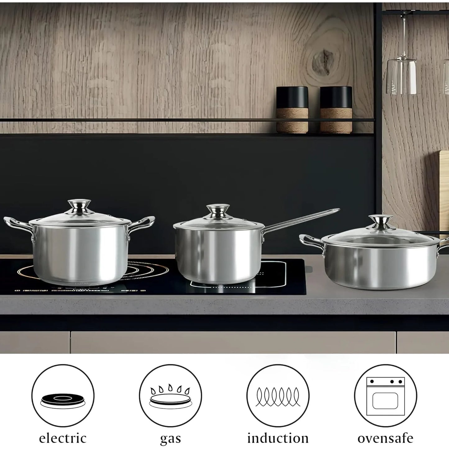 Wodillo 6Pcs Stainless Steel Induction Pots Set with Stay-Cool Handle