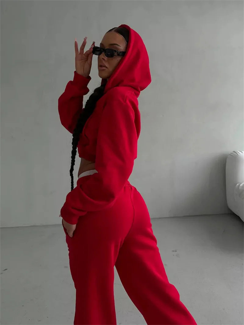 Sweatshirt Two-piece Suit Women's Casual Sports Sets Sexy High-waist Hoodies Short Zip-up Jacket Straight Trousers 2-piece Sets