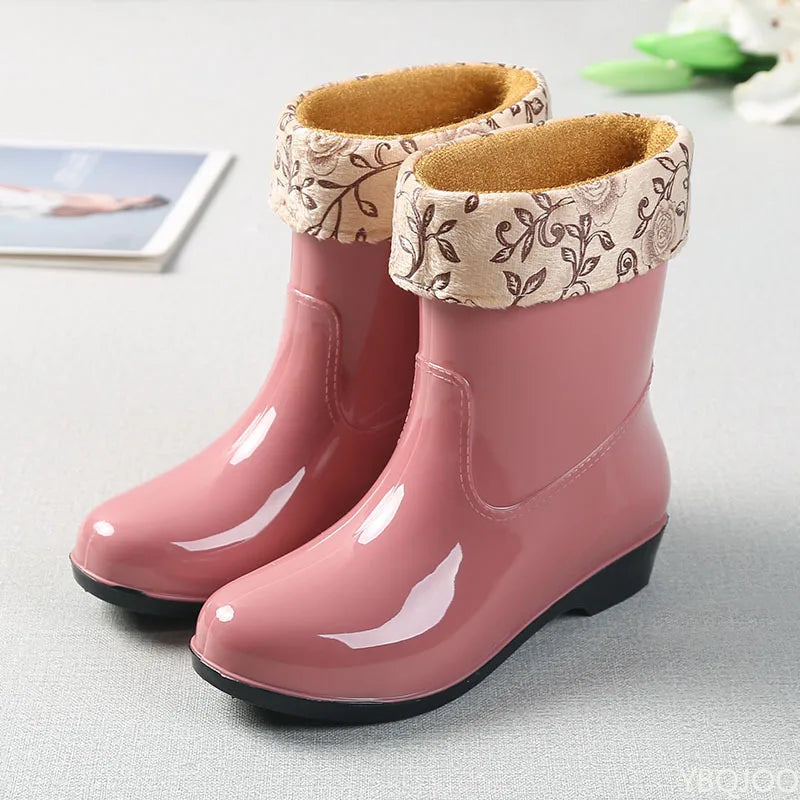 2025 Four Season Fashionable Fleece Warm Midsole Women's Rain Boots Waterproof Anti Slip Wear-resistant Women's Work Rain Boots