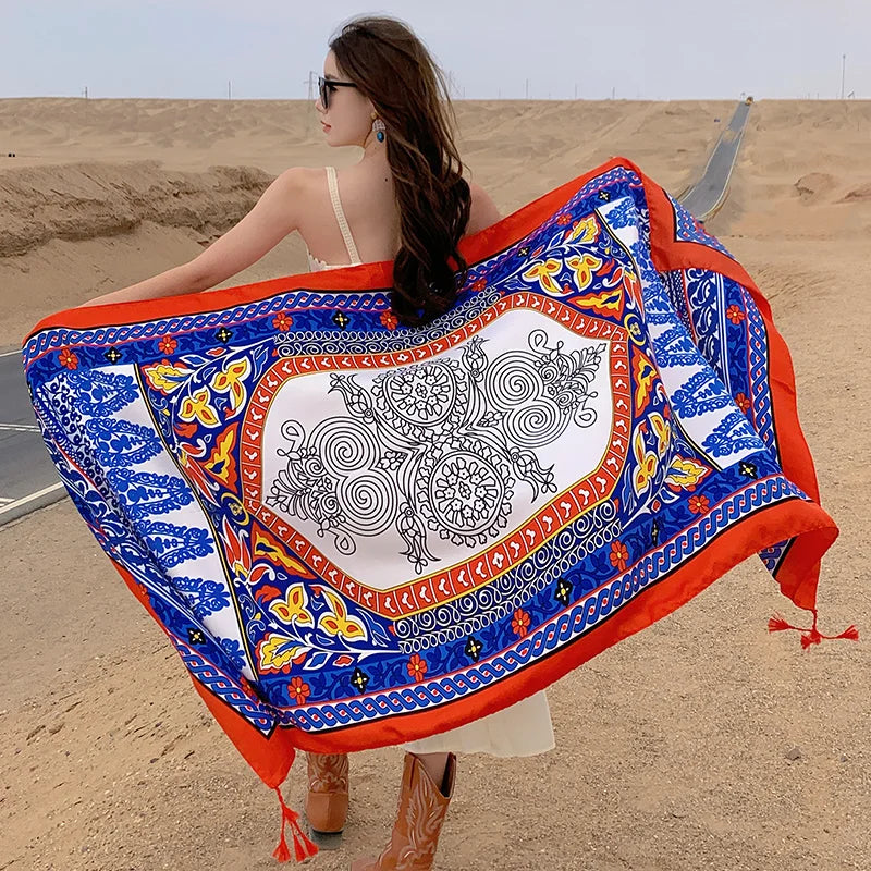 Design Brand Women Scarf Sunscreen Cotton Shawls Dual-Use Summer Autumn Long Scarves Seaside Holiday Beach Towel Beachwear Veils