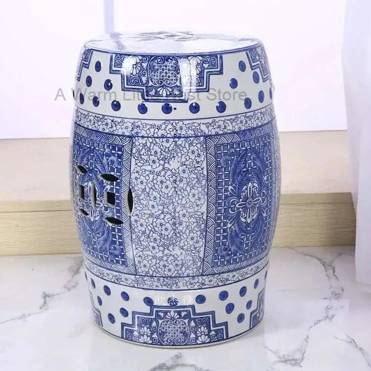 Hand Drawn Blue and White Porcelain Shoe Changing Stool Ceramic Drum Bathroom Neoclassical Imitation Sitting Stool Low Round