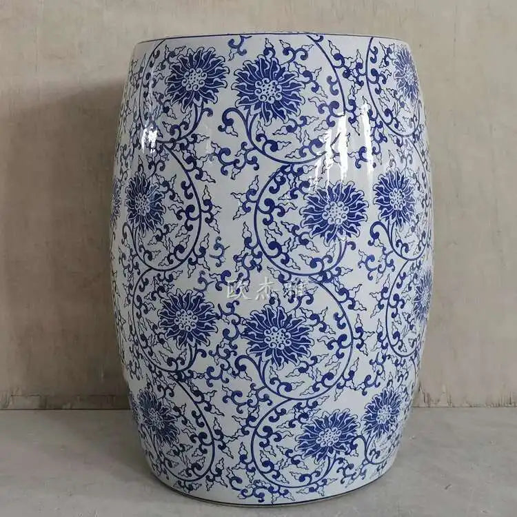 Hand Drawn Blue and White Porcelain Shoe Changing Stool Ceramic Drum Bathroom Neoclassical Imitation Sitting Stool Low Round