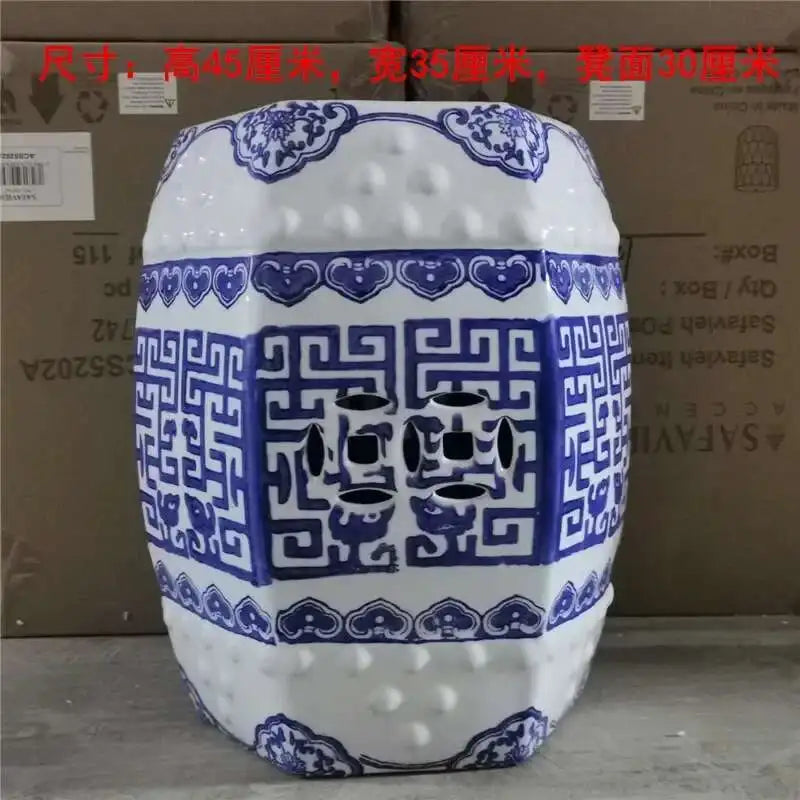Hand Drawn Blue and White Porcelain Shoe Changing Stool Ceramic Drum Bathroom Neoclassical Imitation Sitting Stool Low Round