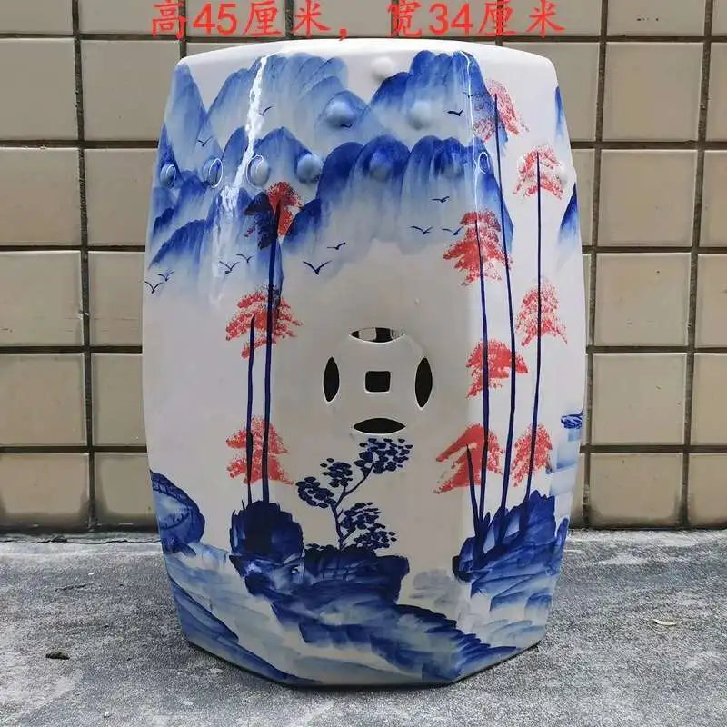 Hand Drawn Blue and White Porcelain Shoe Changing Stool Ceramic Drum Bathroom Neoclassical Imitation Sitting Stool Low Round