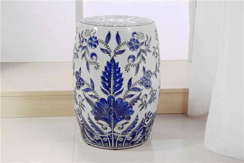 Hand Drawn Blue and White Porcelain Shoe Changing Stool Ceramic Drum Bathroom Neoclassical Imitation Sitting Stool Low Round