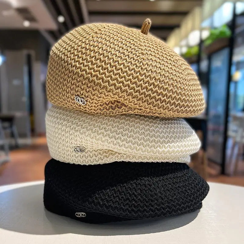 Fixed Pleated Paper Straw Beret