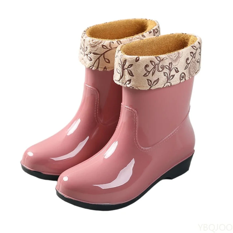 2025 Four Season Fashionable Fleece Warm Midsole Women's Rain Boots Waterproof Anti Slip Wear-resistant Women's Work Rain Boots