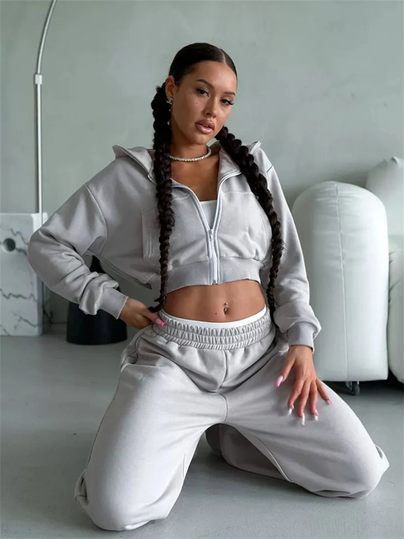 Sweatshirt Two-piece Suit Women's Casual Sports Sets Sexy High-waist Hoodies Short Zip-up Jacket Straight Trousers 2-piece Sets