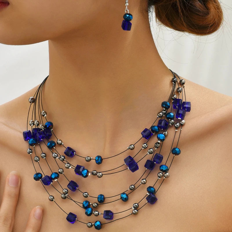 Multilayer Natural Stone Ethnic Necklace Earrings Set