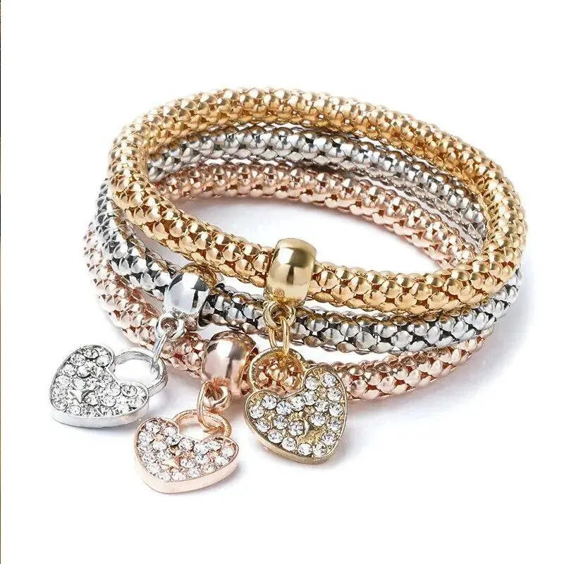 Rose Gold Plating Silver Color Chain Charm Bangle Jewelry Set
