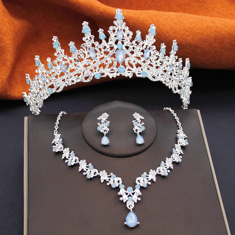 Elegant Bride Tiaras and Necklace Earrings Set Girls 3 pcs Party Birthday Bridal Sets Wedding Crown Jewelry Costume Accessories