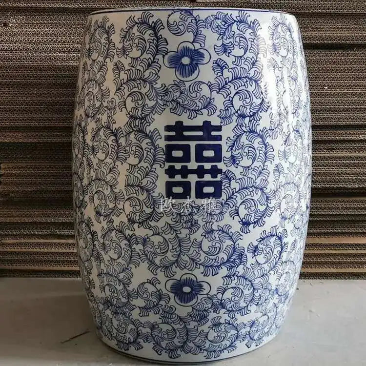 Hand Drawn Blue and White Porcelain Shoe Changing Stool Ceramic Drum Bathroom Neoclassical Imitation Sitting Stool Low Round