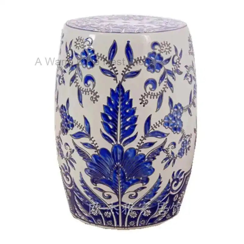 Hand Drawn Blue and White Porcelain Shoe Changing Stool Ceramic Drum Bathroom Neoclassical Imitation Sitting Stool Low Round