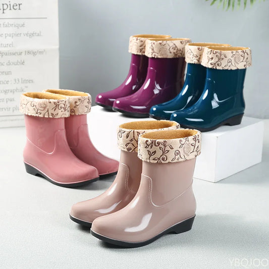2025 Four Season Fashionable Fleece Warm Midsole Women's Rain Boots Waterproof Anti Slip Wear-resistant Women's Work Rain Boots