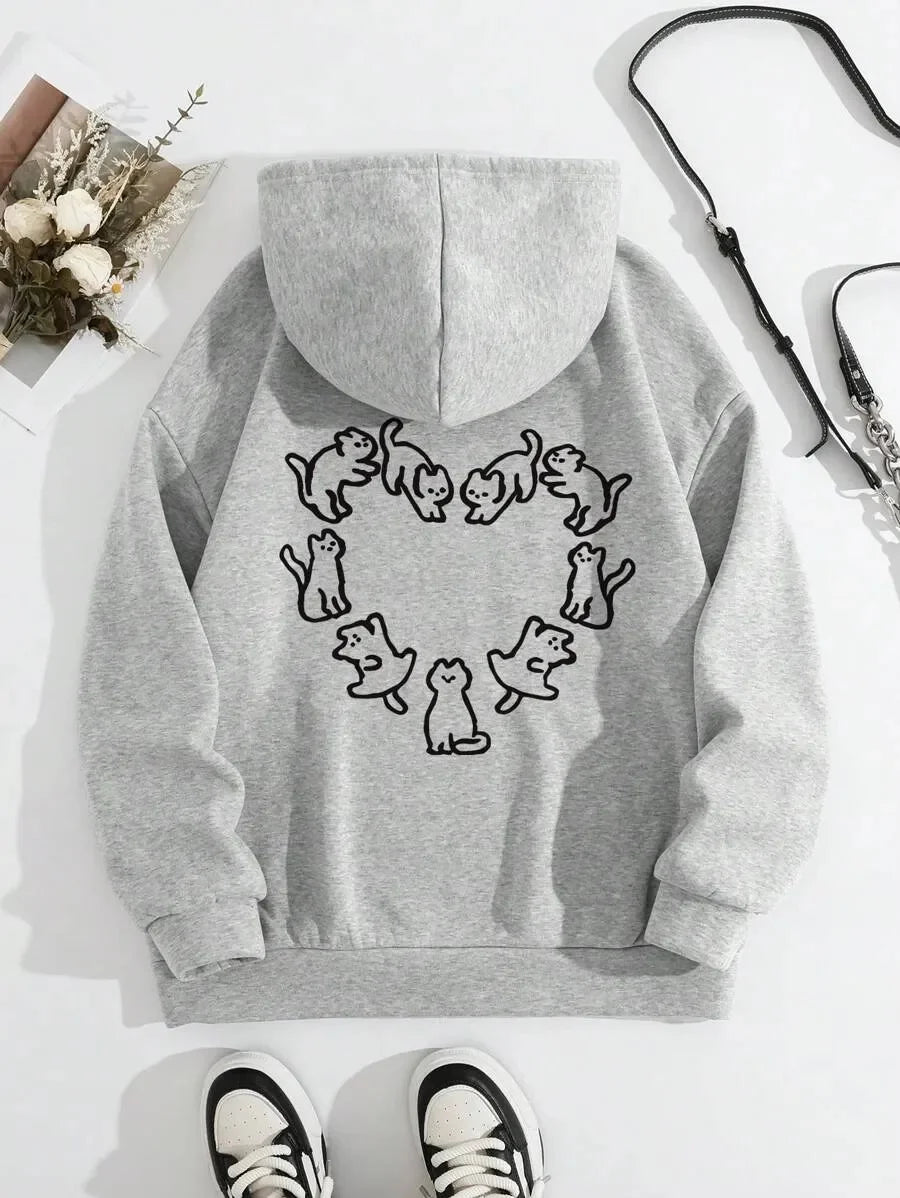 Cat Heart Print Hoodie