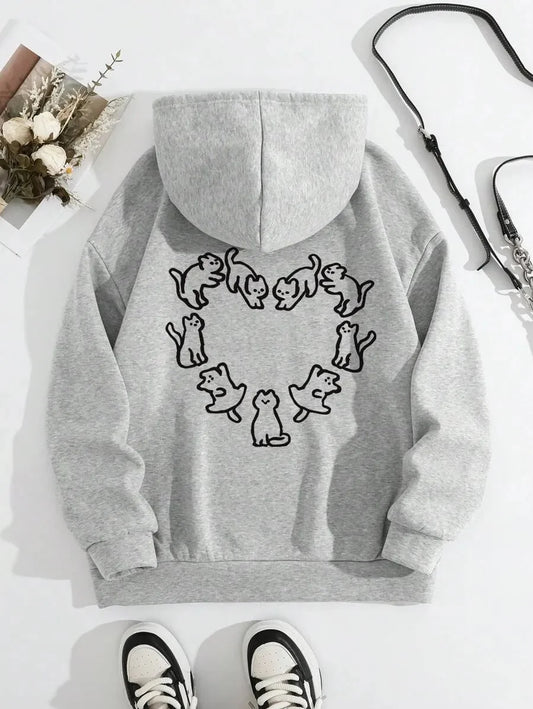 Cat Heart Print Hoodie