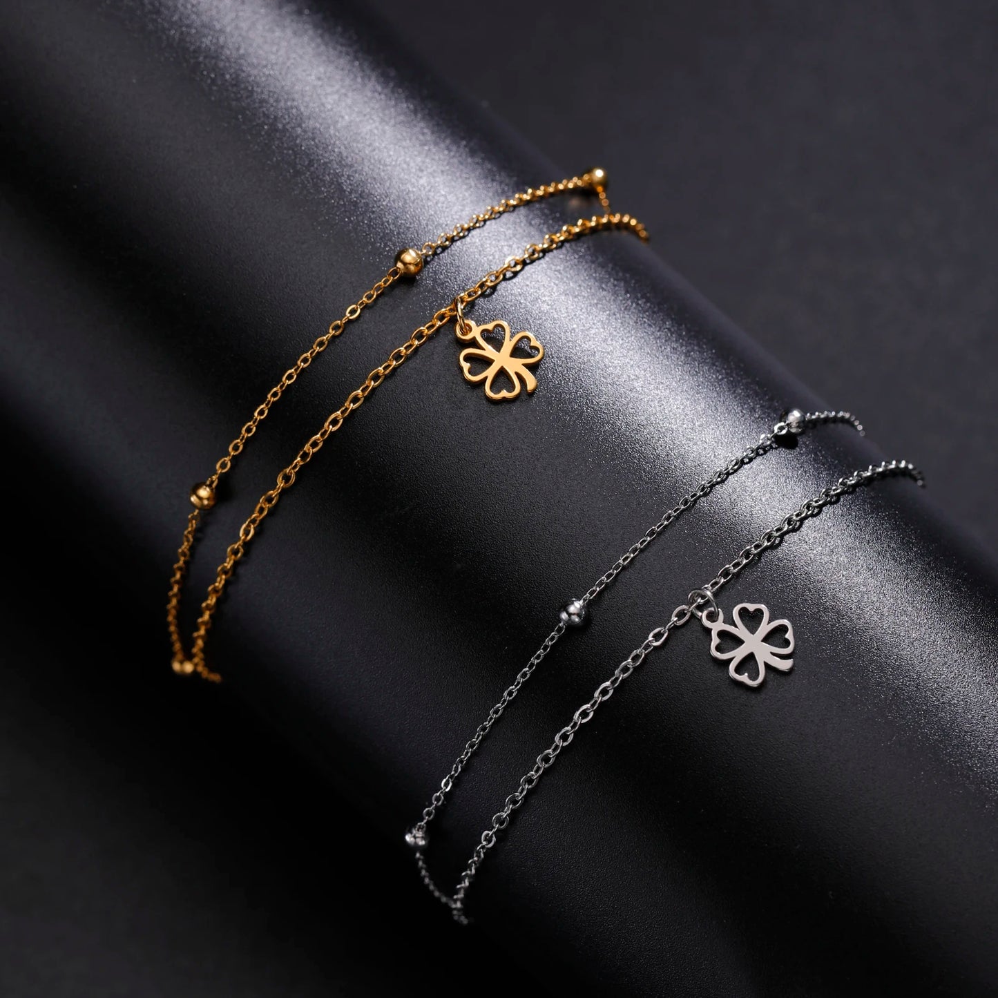 Sipuris  Four Leaf Clover Bracelet For Women Stainless Steel Trendy Double Chain Lucky Amulet Pendant Jewelry Christmas Gifts