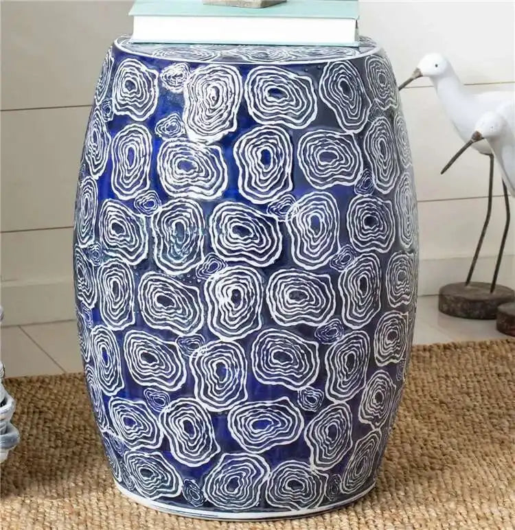 Hand Drawn Blue and White Porcelain Shoe Changing Stool Ceramic Drum Bathroom Neoclassical Imitation Sitting Stool Low Round
