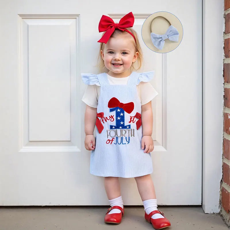 Infant Girls American Flag Romper with Matching Plaid Dress and Headband - Patriotic 3 Piece Outfit Set for Baby Girl