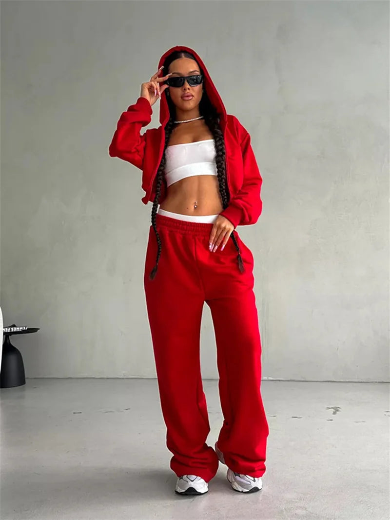 Sweatshirt Two-piece Suit Women's Casual Sports Sets Sexy High-waist Hoodies Short Zip-up Jacket Straight Trousers 2-piece Sets
