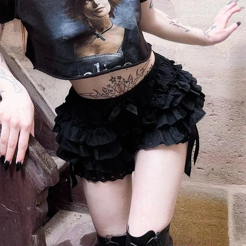 Gothic  Lolita Lace Shorts Women Black Aesthetic Cute Sweet Bow Ruffle Bloomers Shorts Y2k E-girl Kawaii Frilly Panties