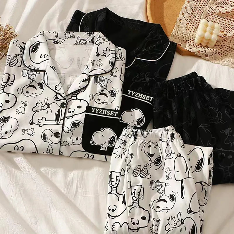Snoopy Cartoon Spring Autumn Pajamas Long Sleeve Pants Summer Milk Silk Warm Home Clothes sleepwear Men's Women's Nightgown Gift