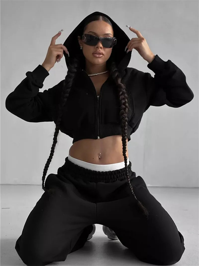 Sweatshirt Two-piece Suit Women's Casual Sports Sets Sexy High-waist Hoodies Short Zip-up Jacket Straight Trousers 2-piece Sets