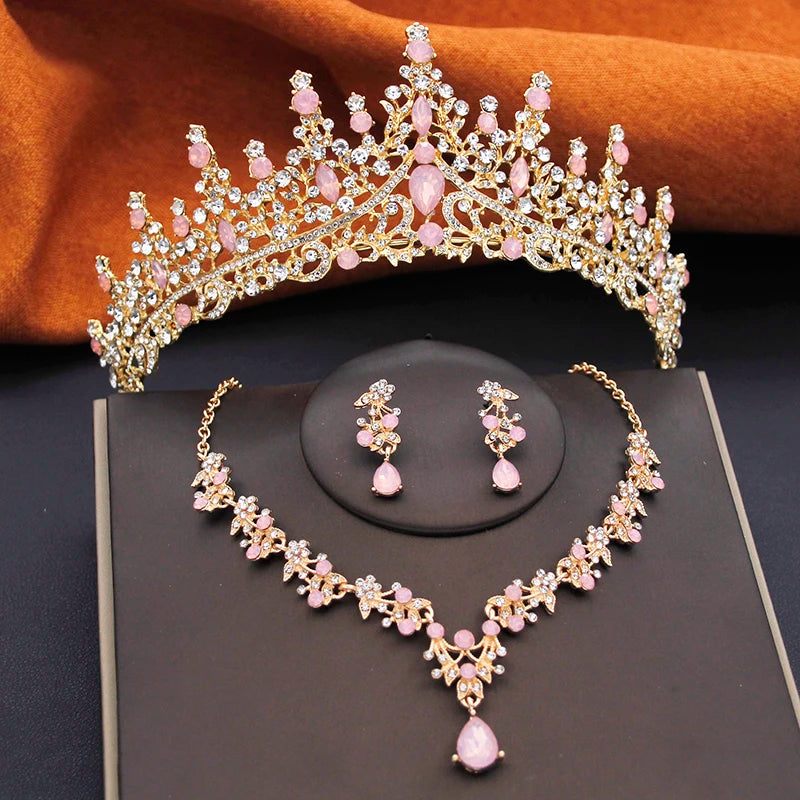 Elegant Bride Tiaras and Necklace Earrings Set Girls 3 pcs Party Birthday Bridal Sets Wedding Crown Jewelry Costume Accessories