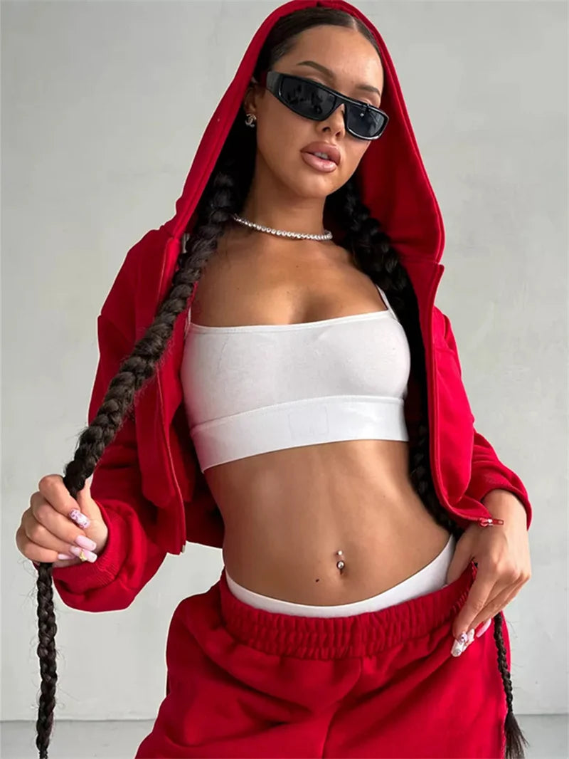 Sweatshirt Two-piece Suit Women's Casual Sports Sets Sexy High-waist Hoodies Short Zip-up Jacket Straight Trousers 2-piece Sets