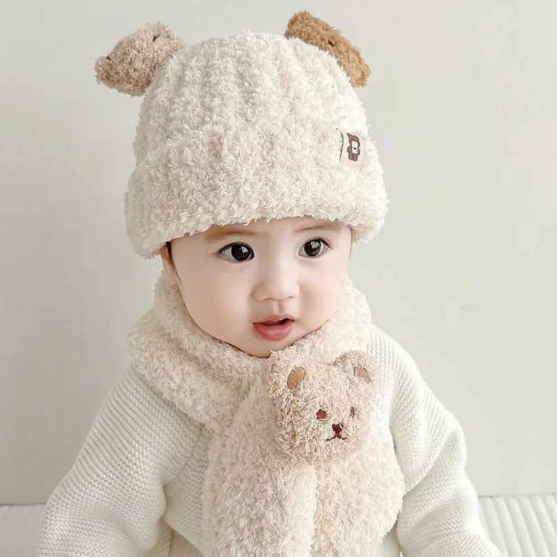 Baby Hats Winter Kids Beanie Hat Plush Scarf Warm Ear Protection Caps Windproof Knitted Earflaps Hat Chlidren Baby Stuff
