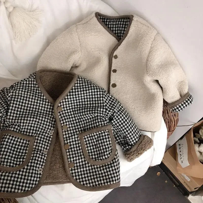 New Autumn and Winter New Warm Jacket Children Two Sides Wear Plaid Plush Jacket Kids Jackets Winter Clothes for Girls