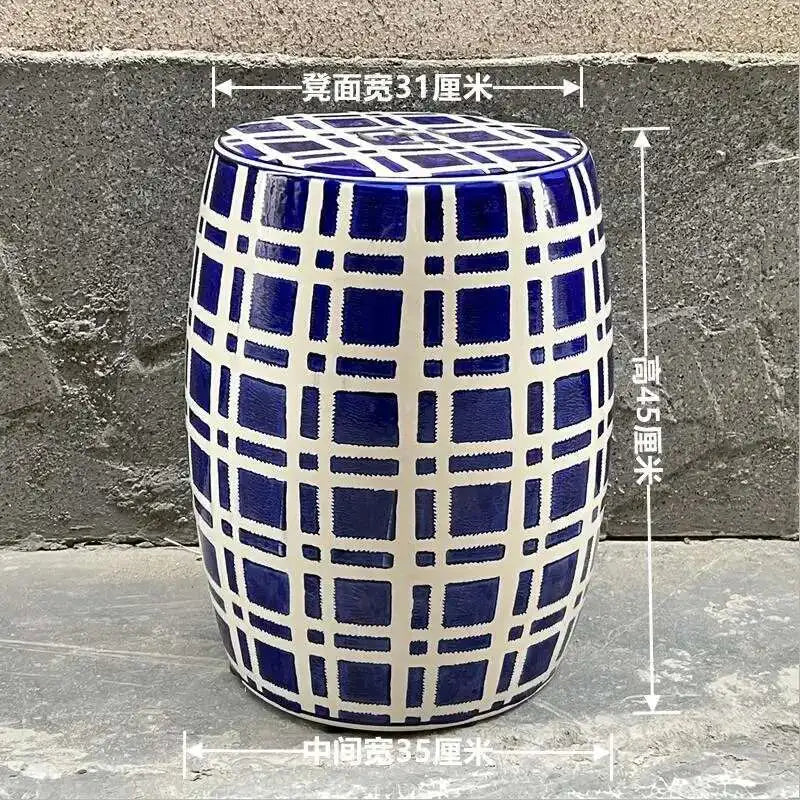 Hand Drawn Blue and White Porcelain Shoe Changing Stool Ceramic Drum Bathroom Neoclassical Imitation Sitting Stool Low Round
