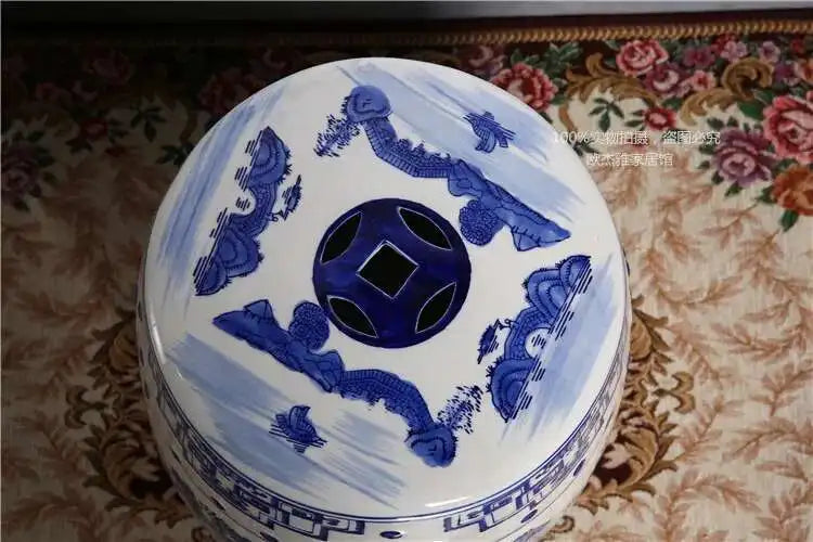 Hand Drawn Blue and White Porcelain Shoe Changing Stool Ceramic Drum Bathroom Neoclassical Imitation Sitting Stool Low Round